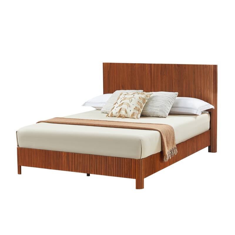Wooden Corrugated Bed Frame Contemporary Rustic Platform Bed with 44.5" High Headboard/Metal Tubes Support/No Box Spring Needed