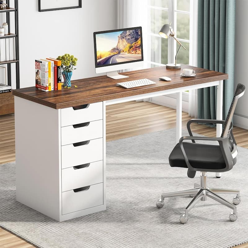 Computer Desk with 5 Drawers, 47 inches Rustic Brown (Reversible Drawer Cabinet)