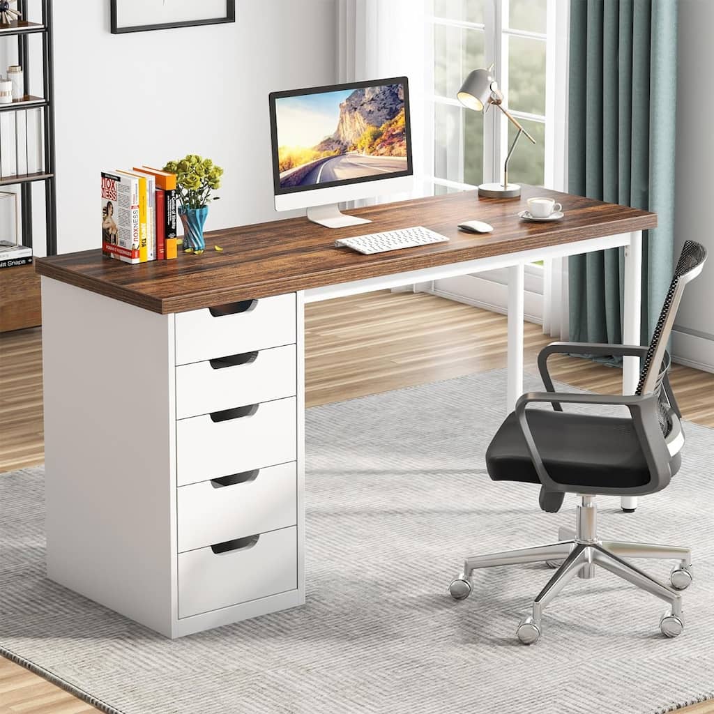 Computer Desk with 5 Drawers, 47 inches Rustic Brown (Reversible Drawer Cabinet)