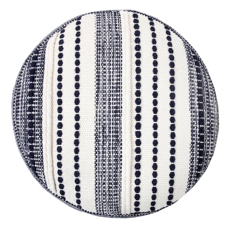 18 Inch Blue Cotton Pouf Ottoman for Living Room, Bohemian Style Seating