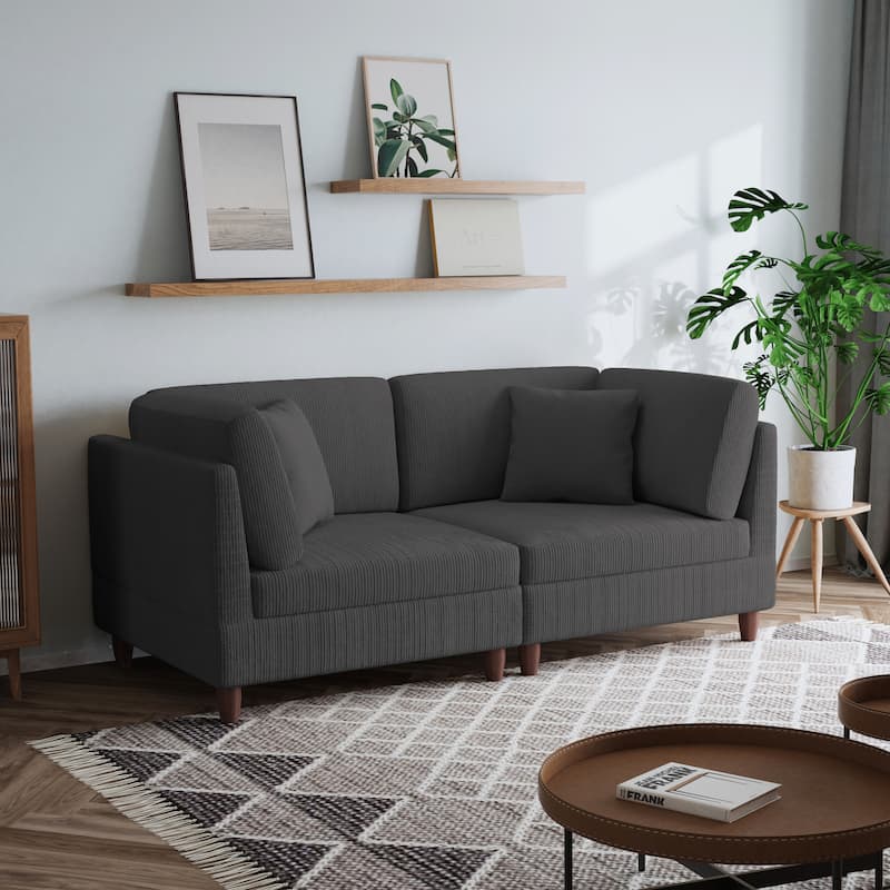 2-Piece Corduroy Loveseat Modular Sectional Sofa - Grey