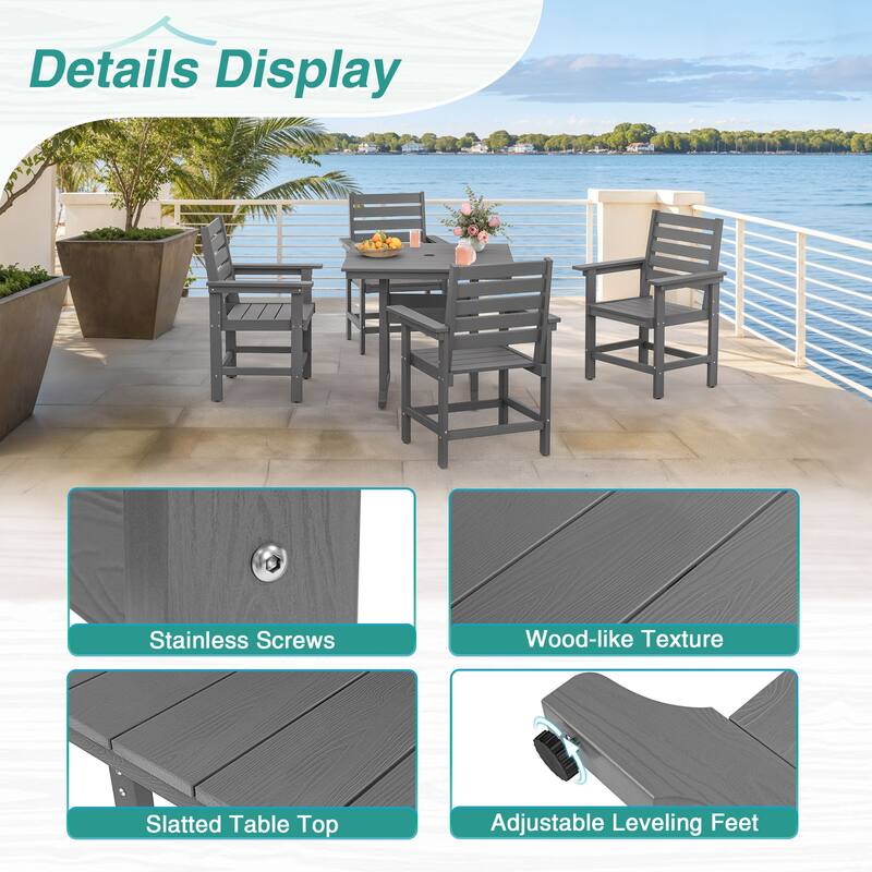 35.2-inch HDPS Outdoor Square Table With Umbrella Holes - 35.2" W x 35.2" L x 30.1" H