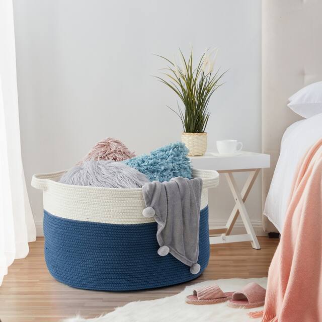 Cotton Rope Storage Basket Bin with Handles - Baby Nursery Laundry Basket Hamper, Toy Storage Basket