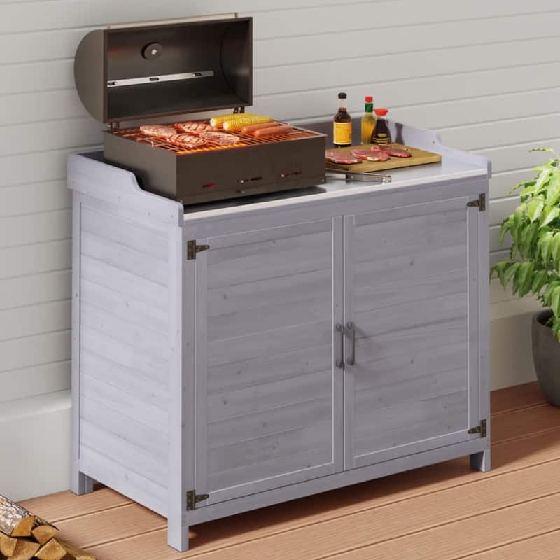 Outdoor Garden Storage Cabinet with Galvanized Top，Wooden Potting Bench Table Workbench with 2 Magnetic Close Doors