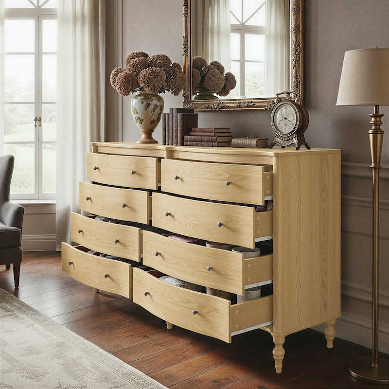 Elegant 8-Drawer Dresser with Solid Wood Legs, Vintage Curved Front Chest of Drawers for Bedroom Storage