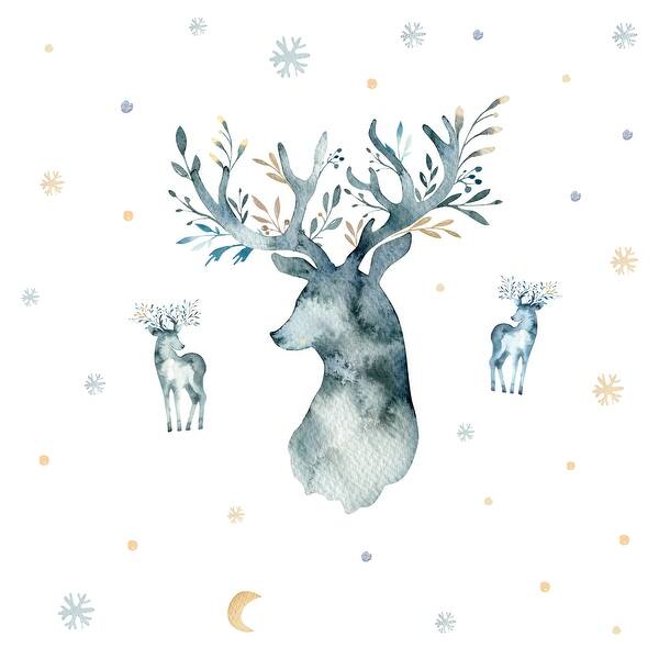 slide 2 of 3, RoomMates Blue & Green & Yellow Watercolor Winter Deer Giant Wall Decals