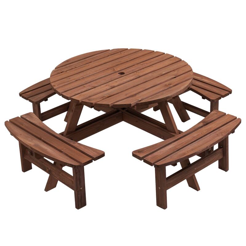 8 Person Wooden Picnic Table - Outdoor Camping Dining Table with Seat, Garden DIY with 4 Built-in Benches, 2220 lb Capacity