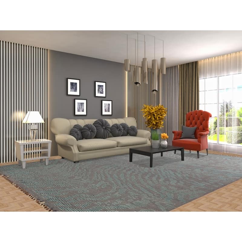 Grey Blue Moroccan Abstract Area Rug Hand-Knotted Wool Carpet - 9'0"x 12'7"