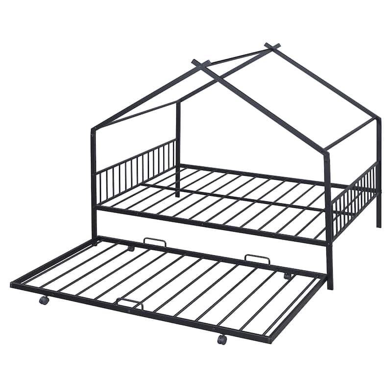 Full Size Metal House Bed with Twin Size Trundle