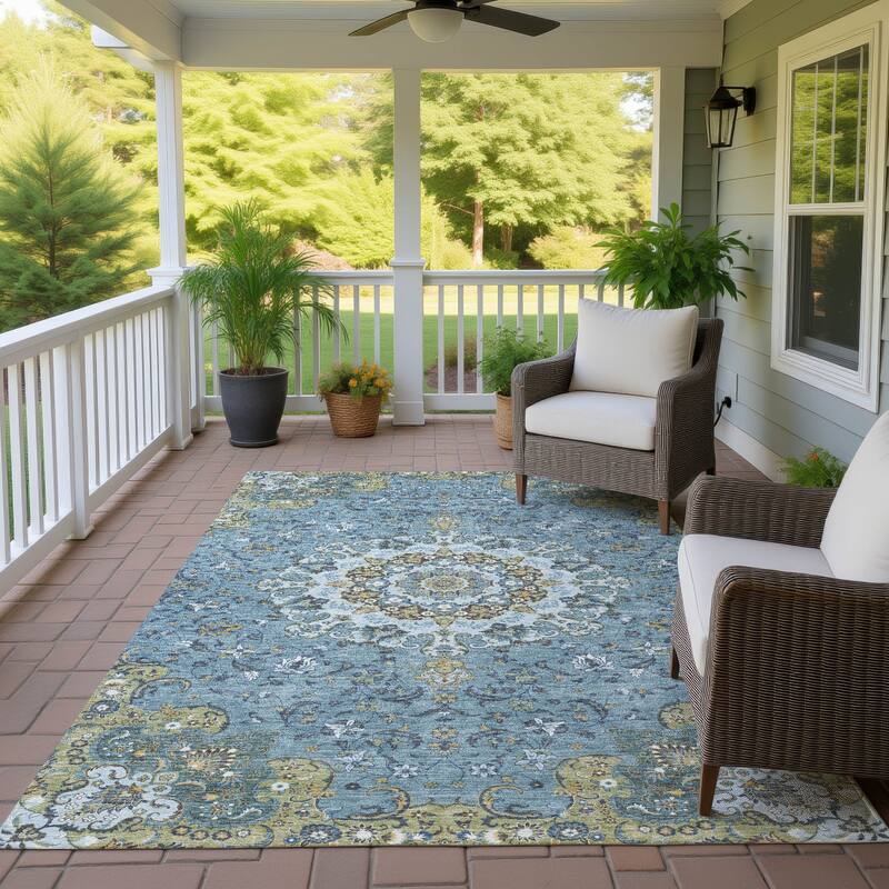 Machine Washable Indoor/ Outdoor Traditional Awaka Chantille Rug - Teal - 5' x 7'6"