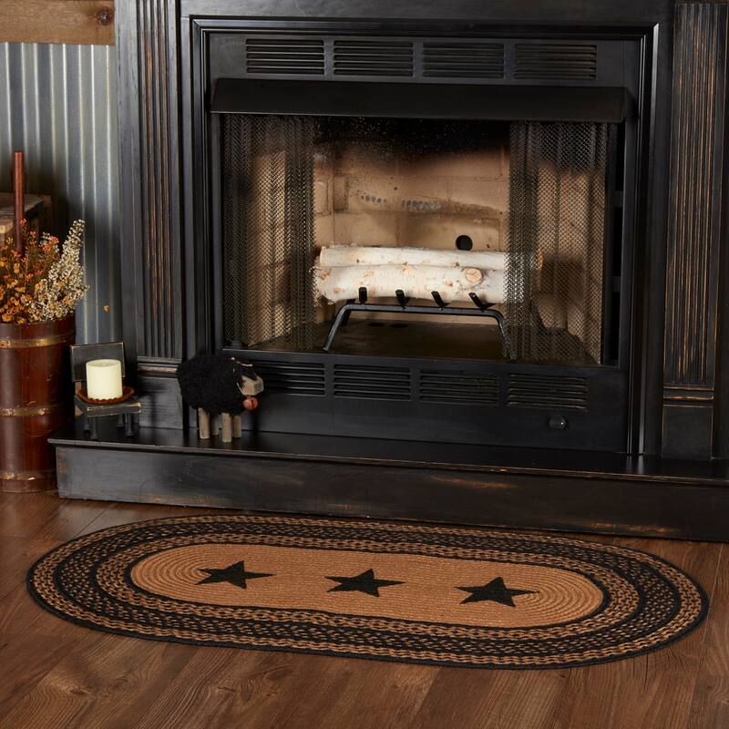 Farmhouse Jute Rug Oval Stencil Stars w/ Pad 27x48 - 27" x 48" - 27" x 48" - Black