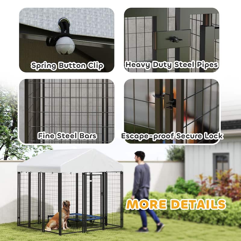 Silver-Black Steel Outdoor Dog Kennel with PE Cover and Large Area - 70.8" W x 70.8" D x 72" H