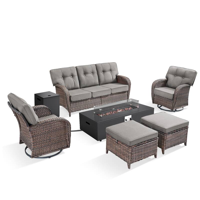 Pocassy 43-In Fire Pit w/ Outdoor Sofa Swivel Chair Ottoman Set
