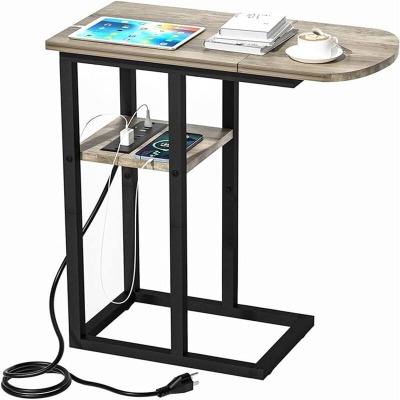 C Shaped End Table with Charging Station - 20.6"D x 11.8"W x 27.8"H