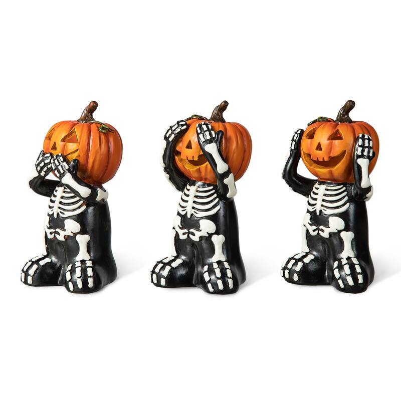 Glitzhome 5.75"H Set of 3 Halloween Resin Skeleton Pumpkin Table Decor - Black