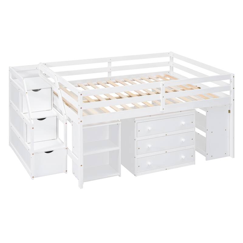 Loft Bed with Retractable Desk Drawers Shelf Staircase Full Size