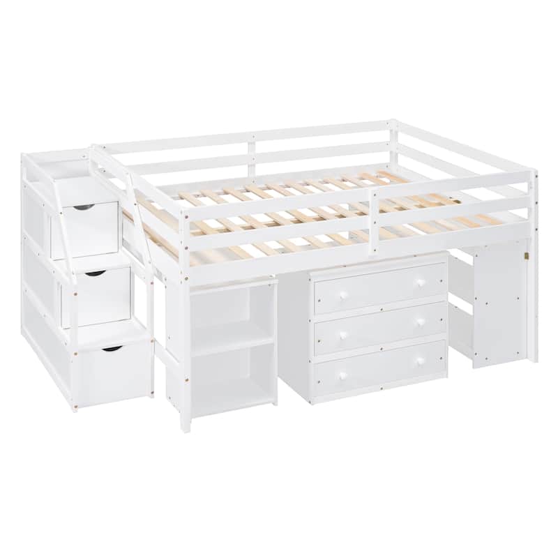 Space-Saving Full Loft Bed with Desk, Storage Stairs