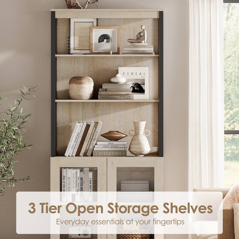 Modern 72" Tall Bookcase with Glass Doors and Adjustable Shelves for Home Office, Living room.