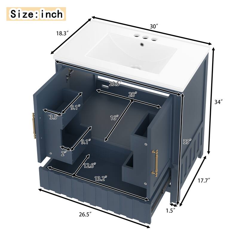 30" Bathroom Vanity with Sink, Drawers, Doors & Storage Shelves