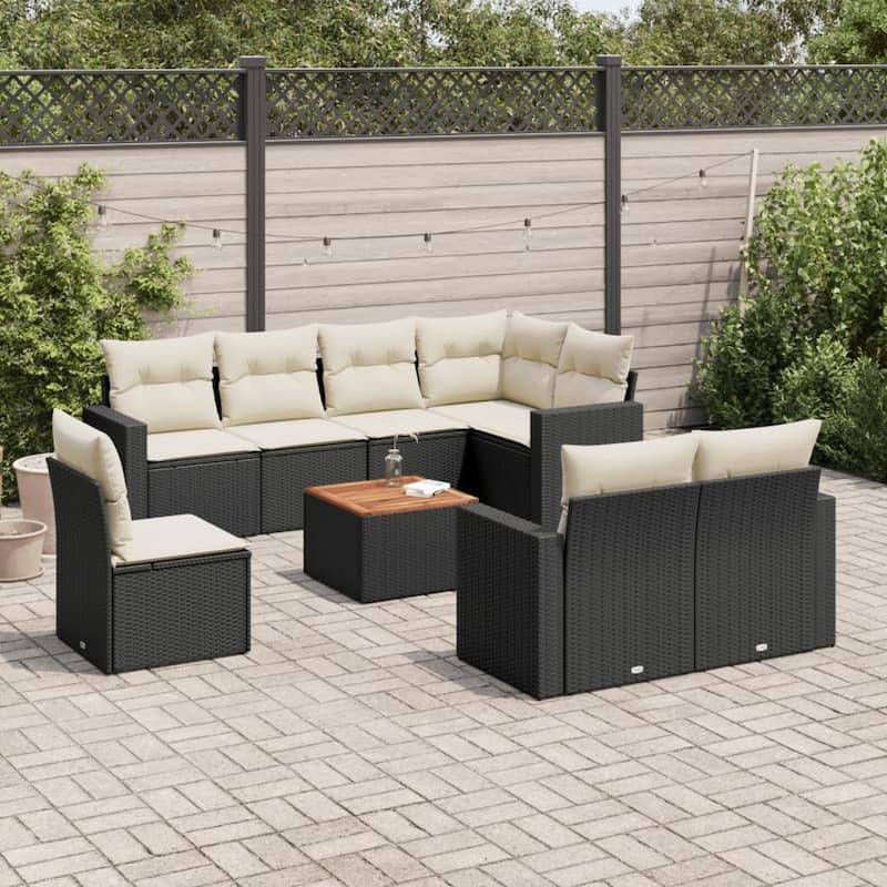 vidaXL Patio Sofa Set with Cushions Outdoor Furniture 9 Piece Poly Rattan - 21.7 x 21.7 x 14.6 - Black and Cream-5x corner+Table+3x middle