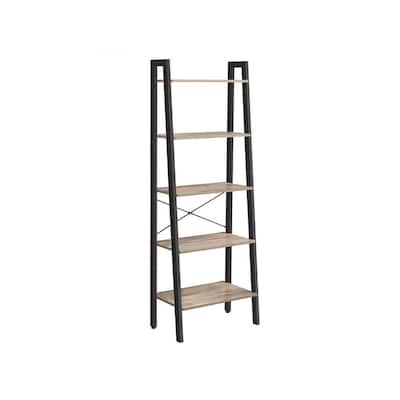 Black Metal 5-Tier Ladder Shelf with Steel Frame and Industrial Rustic Wood Shelves