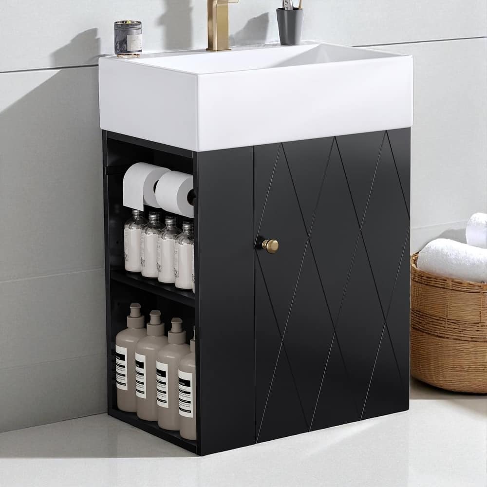 20" Wall Mounted Bathroom Vanity with Ceramic Sink, Diamond Door Design, Side Shelves and Towel Bar