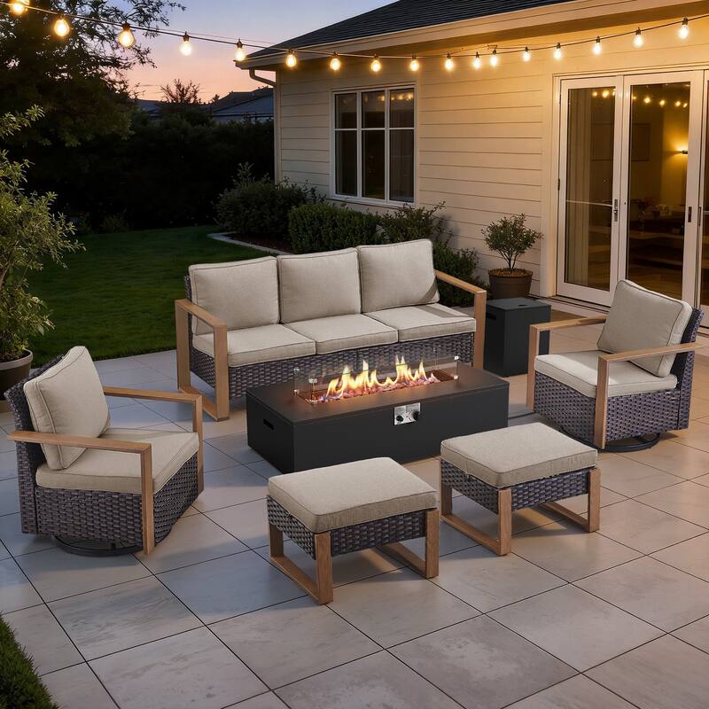 Meyreso Wicker Outdoor Patio Fire Pit Set with Swivel Gliders & 4.5-Inch Olefin Cushions - Brown / Beige Cushions - 6-Piece