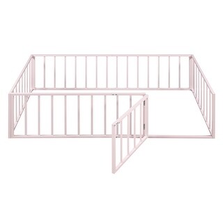 Twin Kids Metal Floor Bed with Door & Rails, No Slats Needed, Pink