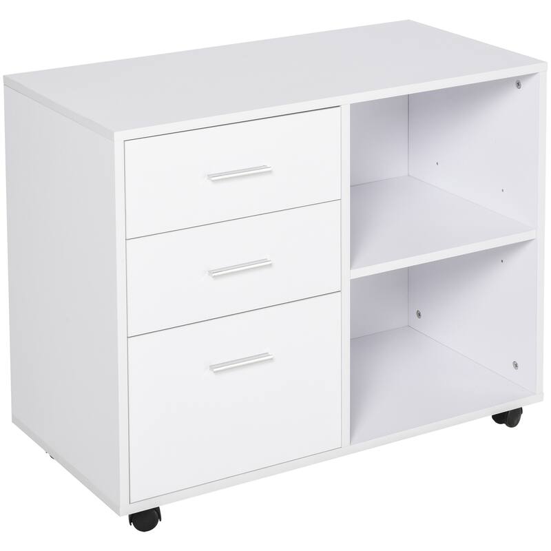 HOMCOM Indoor Office Storage Cabinet with 3 Storage Drawers, Open Shelving, & Wheels - White