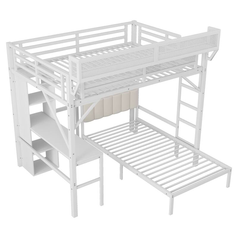 Full over Twin Metal Bunk Bed with Desk and Bookshelves, Detachable Metal Bunk Bed with LED and Charge Station Platform Bed