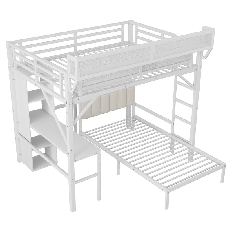 Full over Twin Metal Bunk Bed with Desk and Bookshelves,Detachable Metal Bunk Bed with LED and Charge Station