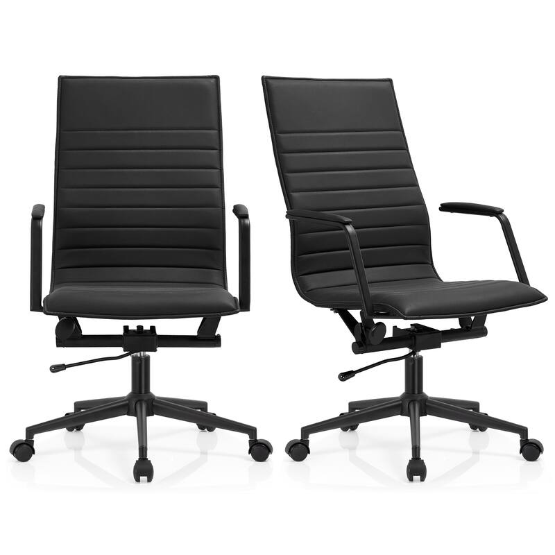 Set of 2 High Back Office Desk Chair | Upholstered Ribbed PU Leather | Armchair for Home, Executive, Conference, Meetings