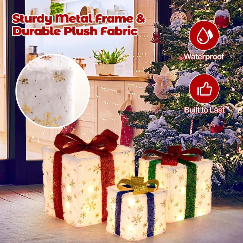 3PCS Christmas Lighted Gift Boxes Pre-lit Present Decoration w/ Lights - White+Red+Golden+Green+Blue