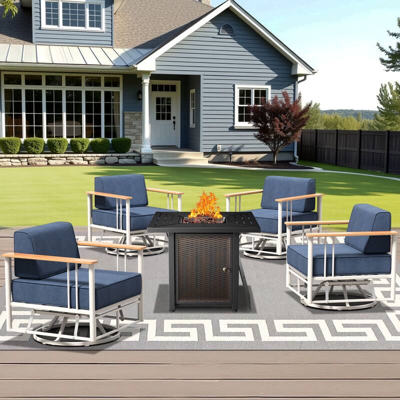 Pocassy 5PCS Swivel Chair with Fire Table - White & BLue Cushion - 5PCS Swivel Chair with Fire Table