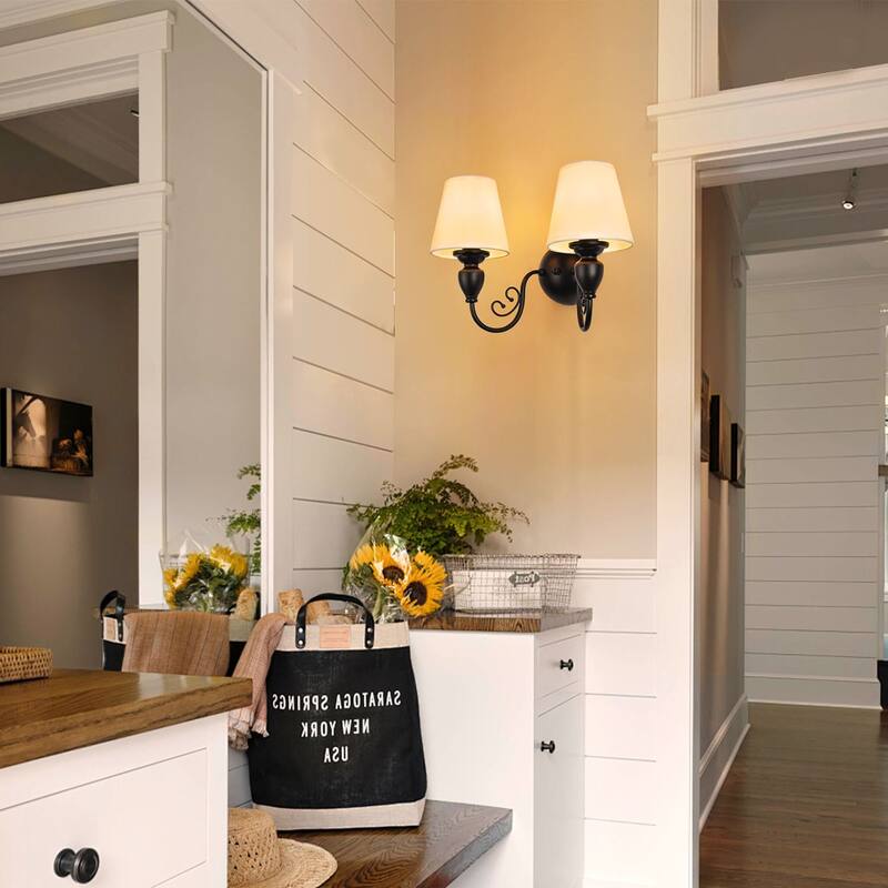 2 - Light Simple Round Wall Sconce with White Shades - Matte Black