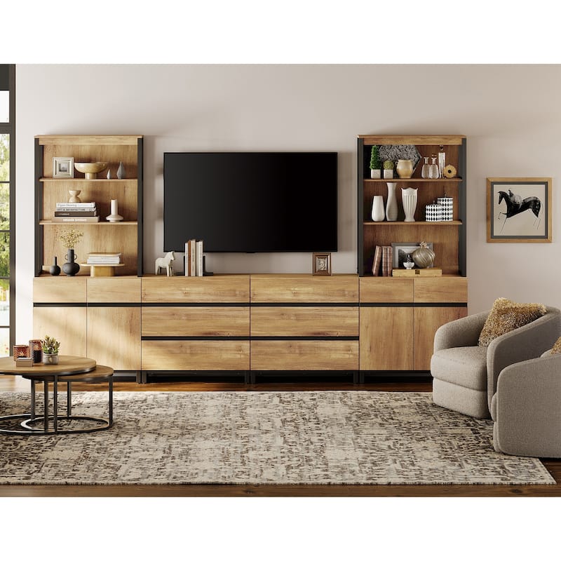 WAMPAT Modern TV Stand with 3 Tiers Bookshelf, Farmhouse Entertainment Center with 2 Storage Cabinets and 6 Drawers - Oak