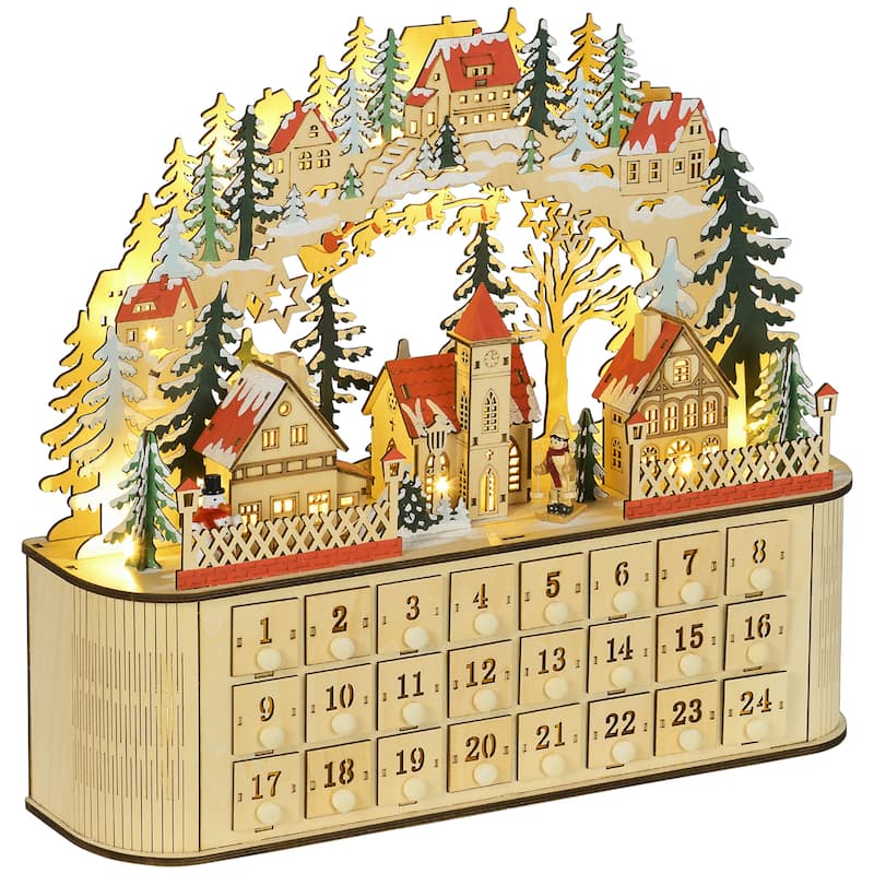 HOMCOM Wooden Christmas Advent Calendar, Light Up Table Holiday Decoration with 24 Countdown Drawers Natural