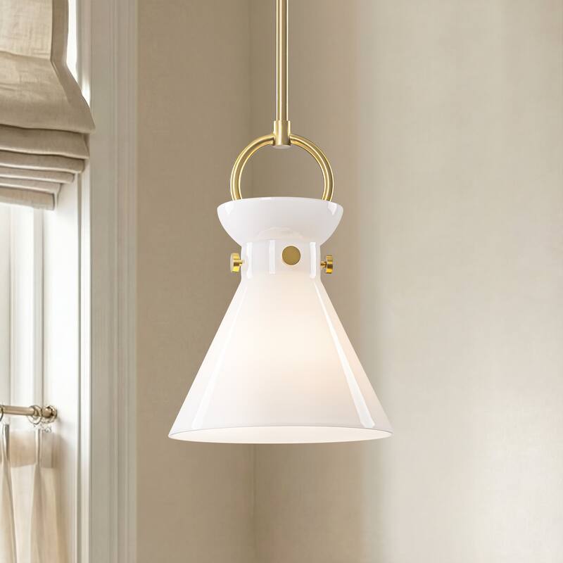 1-Light Modern Transitional Metal & Glass LED Pendant for Bedroom - 13.2" W x 19.3" H - 13.2" W x 19.3" H - Gold/White