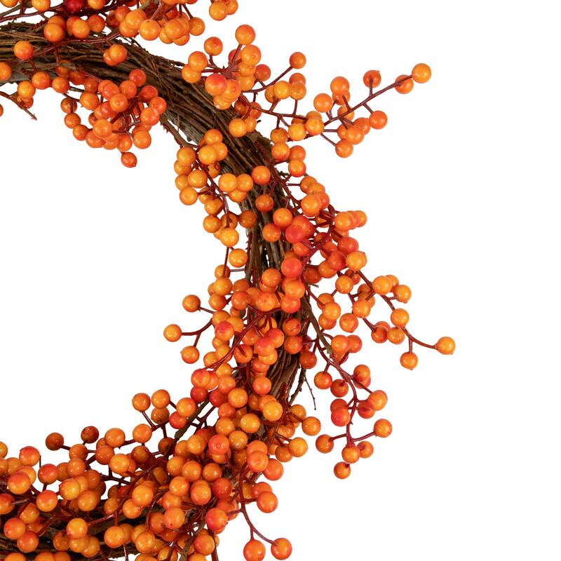 18" Red Orange Berries Artifical Fall Harvest Twig Wreath, 18", Unlit