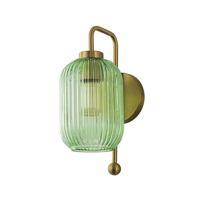 1-Light Green Striped Lantern Glass Wall Sconce - 5.5" W × 8.3" D × 13" H