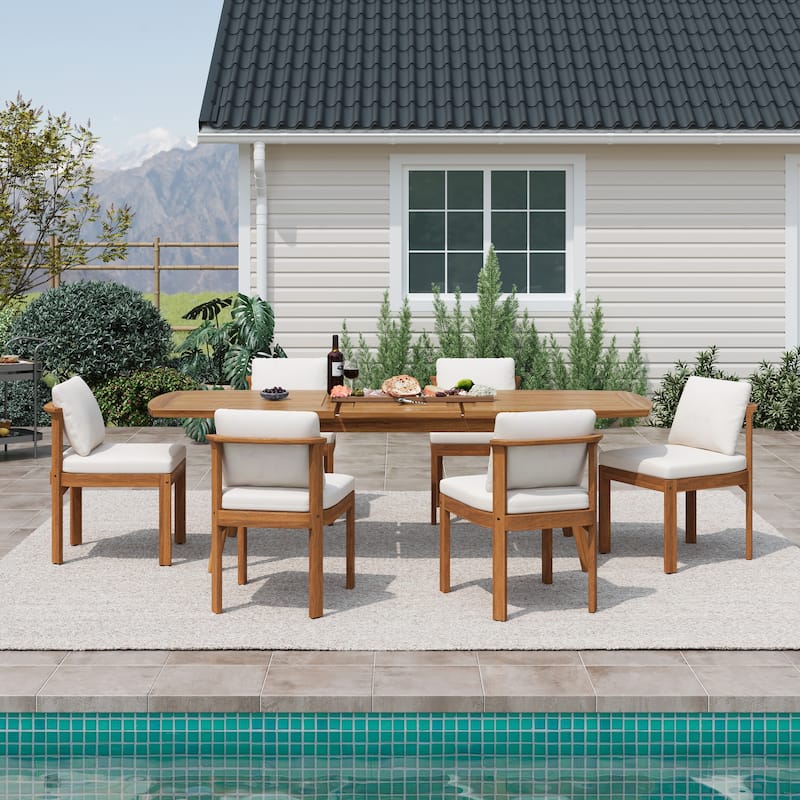 Christopher Knight Home - 7-Piece Outdoor Acacia Wood Dining Set with Sculpted Back Chairs & 71" Expandable Dining Table - Teak Finish+Beige