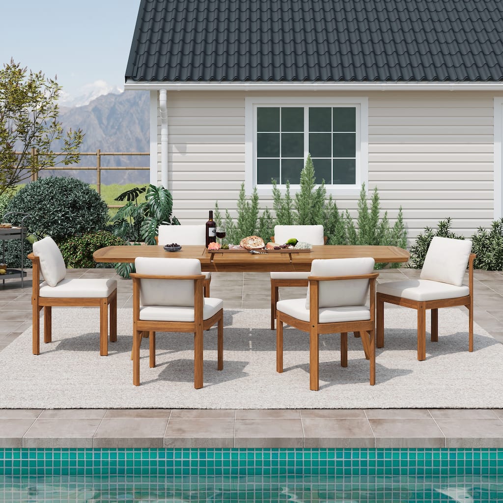 Christopher Knight Home - 7-Piece Outdoor Acacia Wood Dining Set with Sculpted Back Chairs & 71" Expandable Dining Table