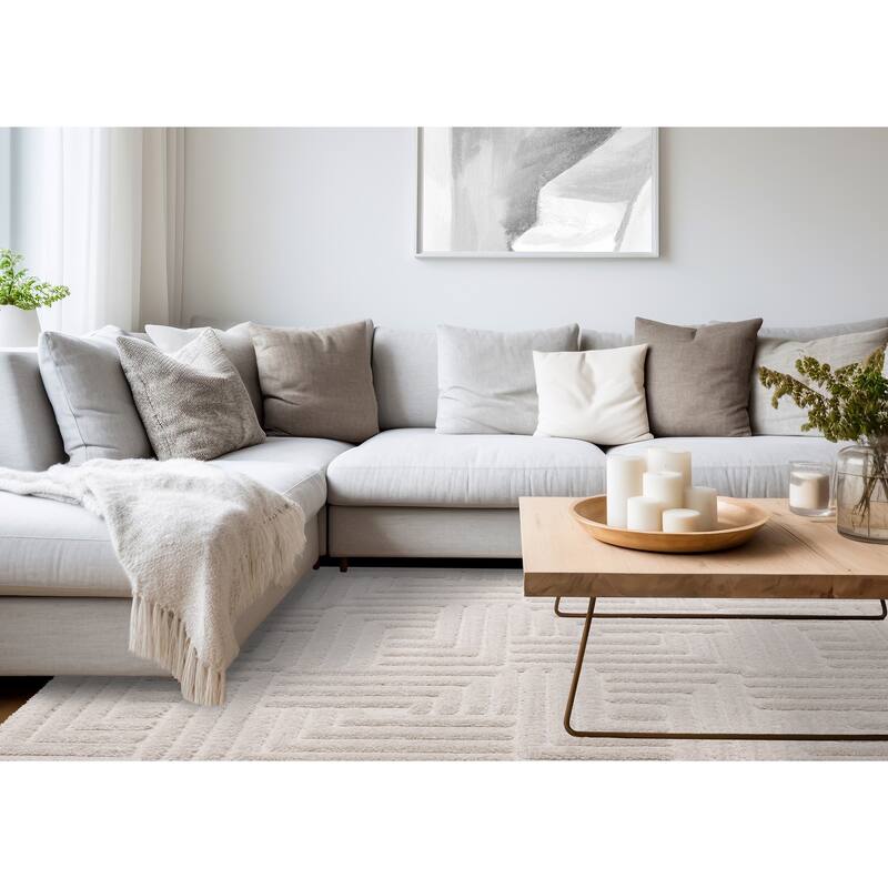 Luxury White Maze Textured High-Low Area Rug