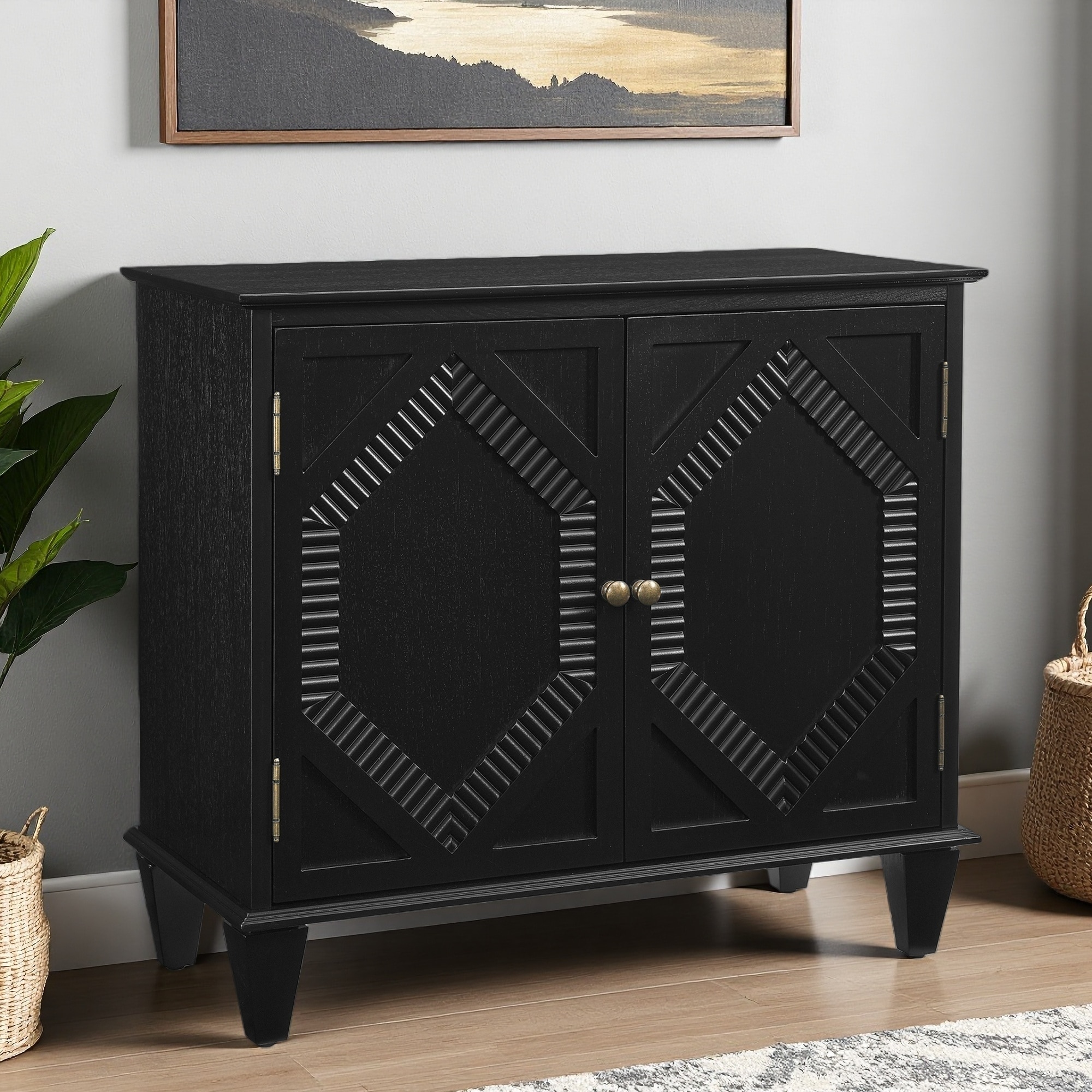 33.6" Retro Wooden Sideboard Buffet Cabinet with Storage, Geometric Accent Display, Media Console Credenza for Living Room