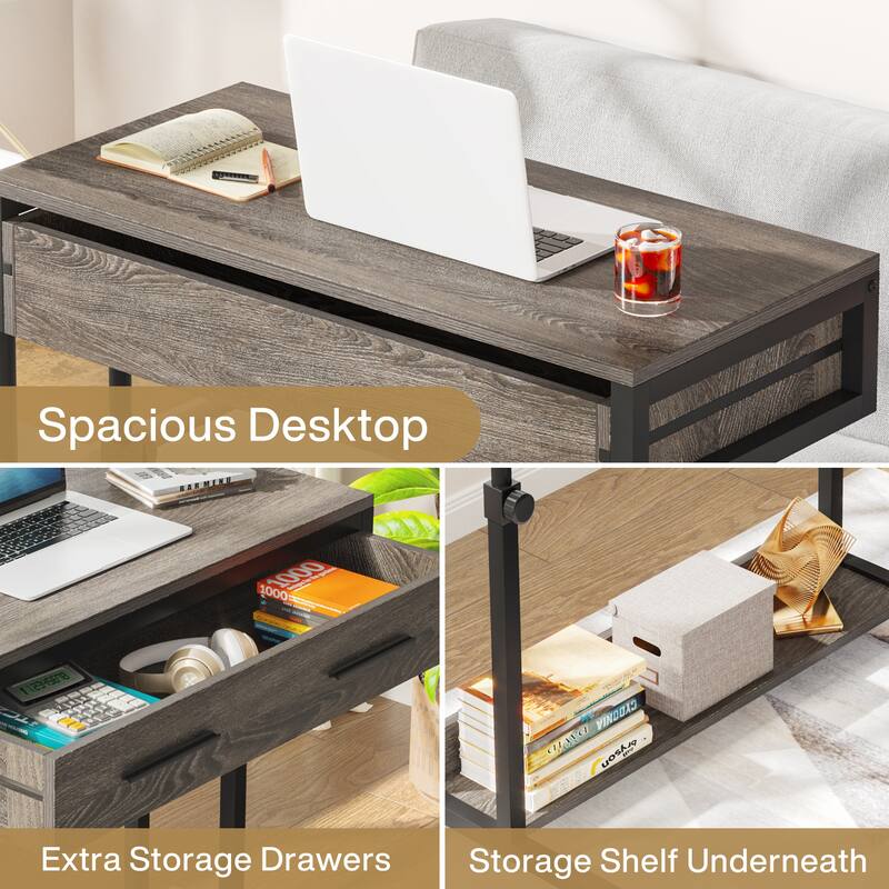 Adjustable C Table Portable Desk with Drawers and Wheels, Mobile Couch Desk