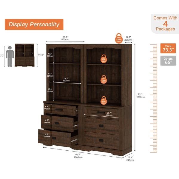 dimension image slide 5 of 9, 3 Tier Bookcase with Drawer,73.3" Tall Floor Standing Bookshelf