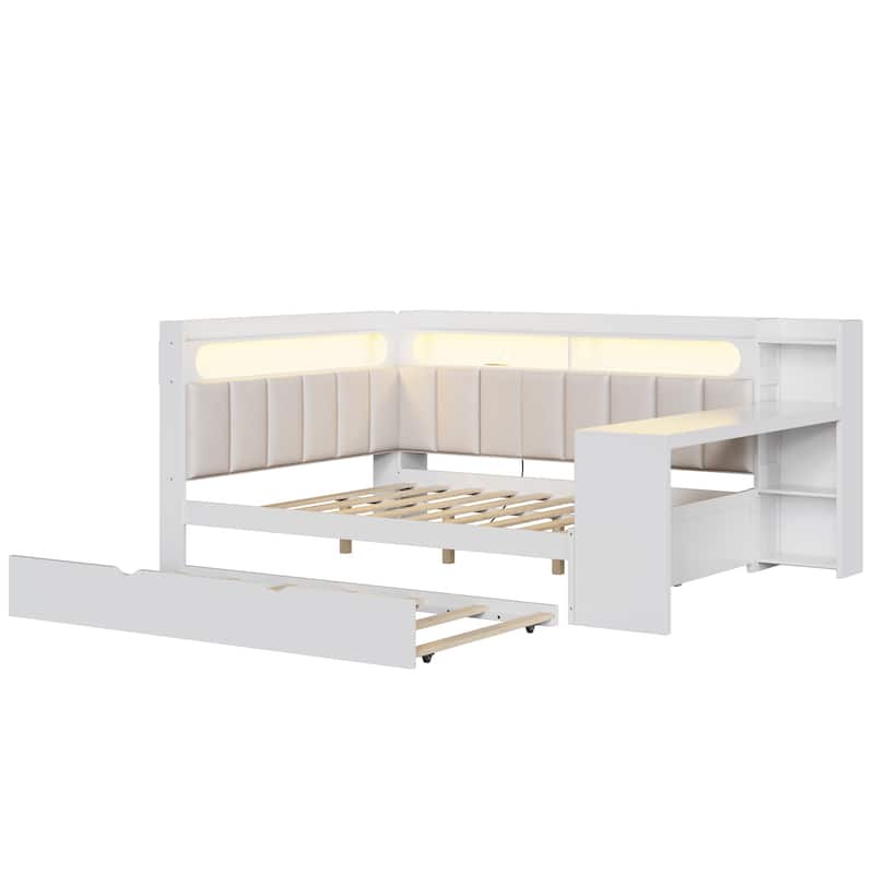 Roomfitters Full Daybed with Trundle, Charging Station and Upholstered Headboard