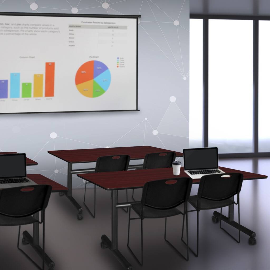 60" x 30" Flip Top Mobile Training Table- Mahogany and 2 Stack Chairs- Black