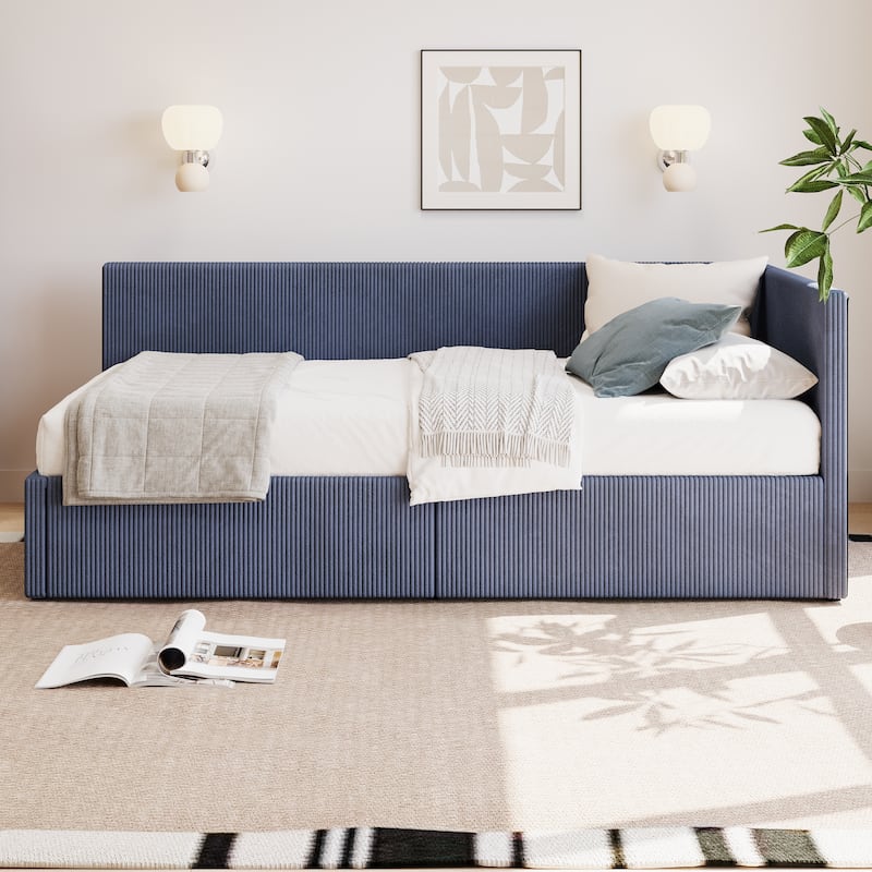 Corner Bed L Shape Daybed Corduroy Upholstered Sofa Bed with 2 Drawers