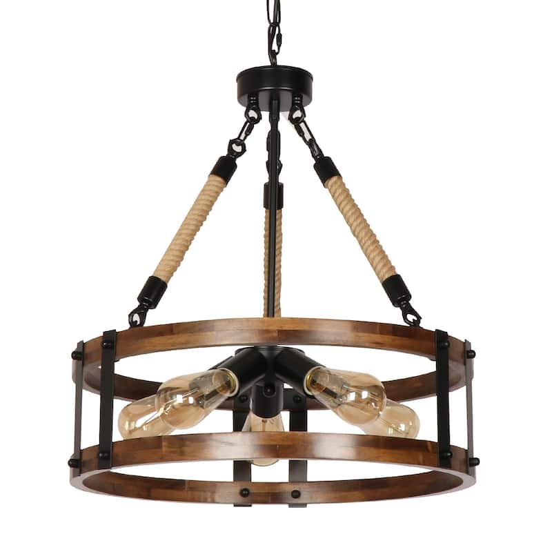 Anmytek Modern Farmhouse 5-Light Wood Chandeliers Drum Pendant Lights for Dining Room - 17.71" D x 18.7" H